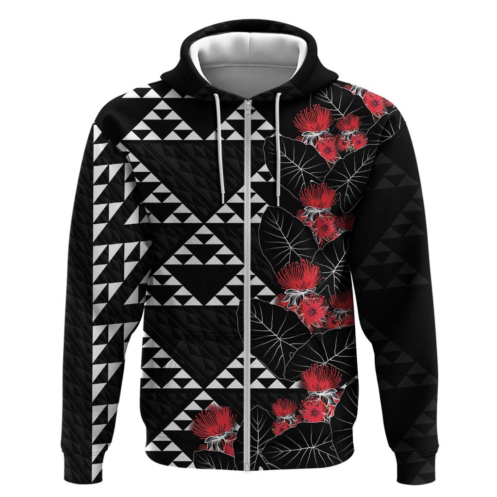 Hawaiian White Kakau Art Tattoo-Ohia Lehua and Taro Leaves Zip Hoodie LT03 Zip Hoodie Black-White - Polynesian Pride