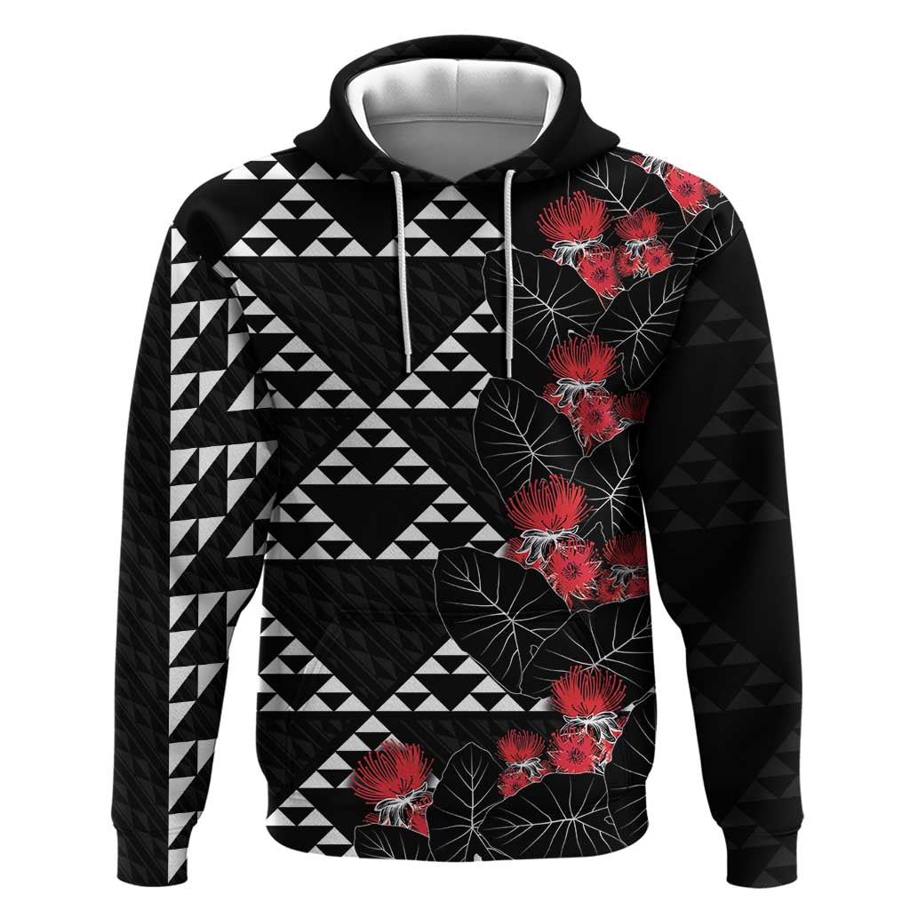 Hawaiian White Kakau Art Tattoo-Ohia Lehua and Taro Leaves Zip Hoodie LT03 Pullover Hoodie Black-White - Polynesian Pride