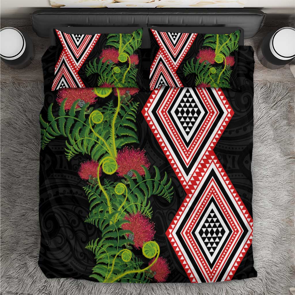 Aotearoa Tukutuku Motif Bedding Set Pohutukawa and Fern Leaves LT03 Black - Polynesian Pride