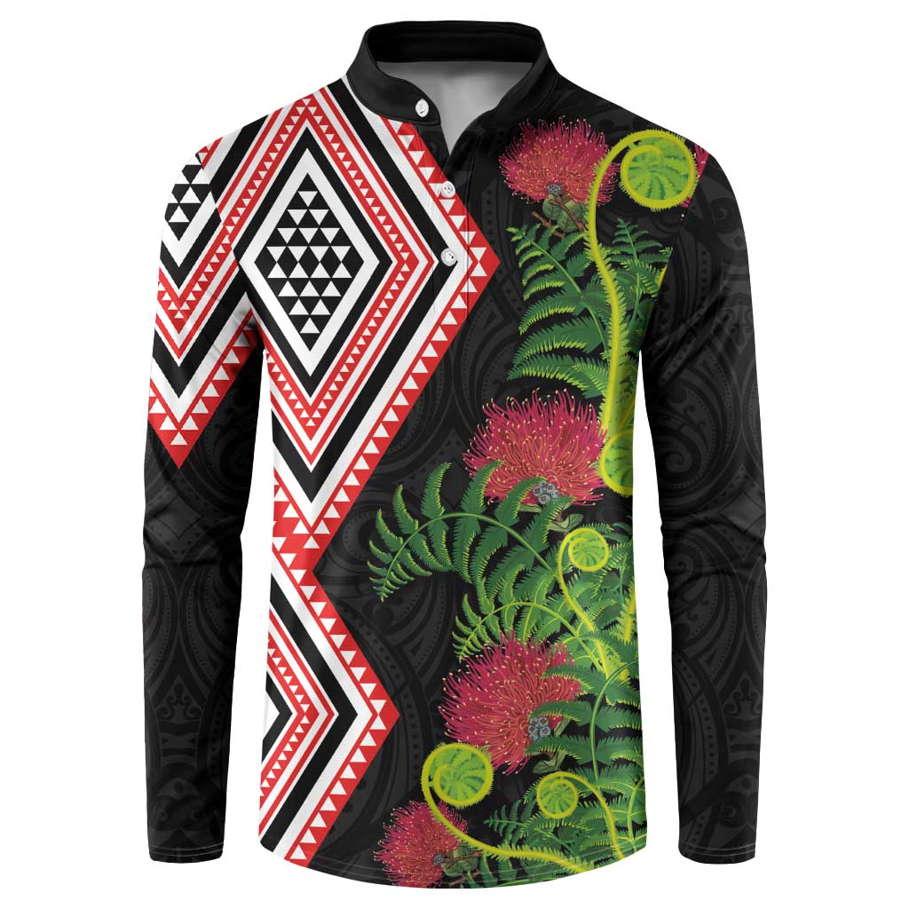 Aotearoa Tukutuku Motif Button Sweatshirt Pohutukawa and Fern Leaves