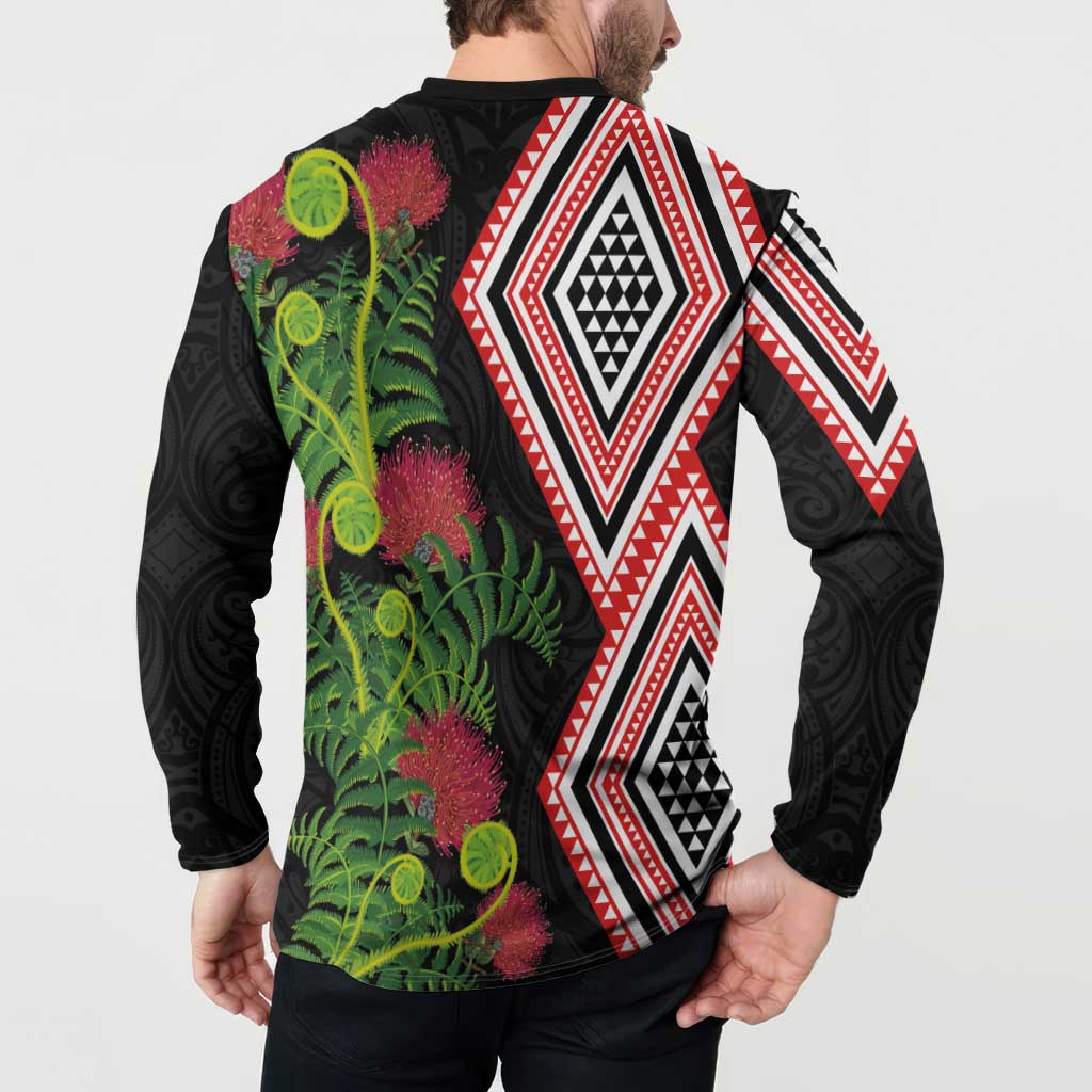 Aotearoa Tukutuku Motif Button Sweatshirt Pohutukawa and Fern Leaves