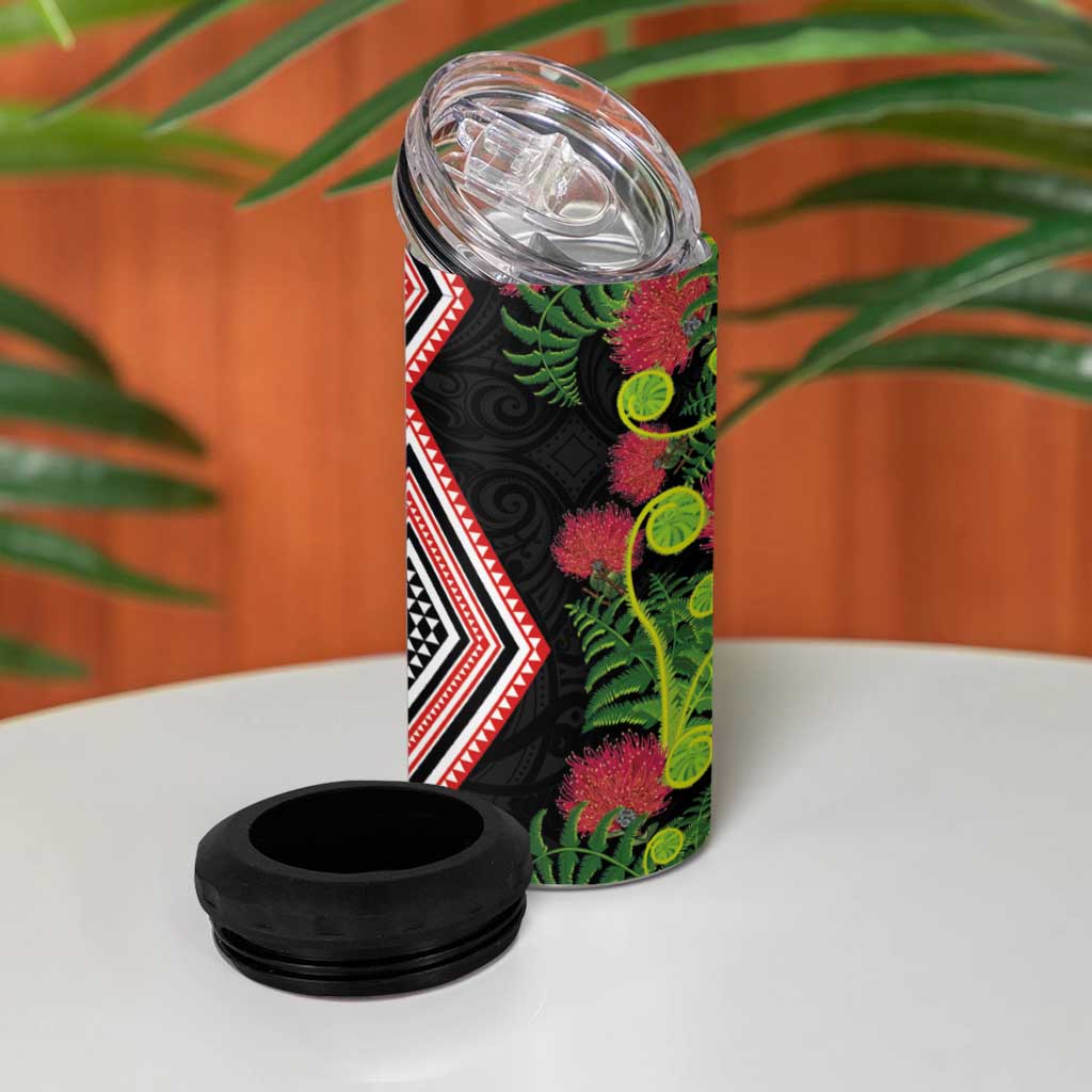Aotearoa Tukutuku Motif 4 in 1 Can Cooler Tumbler Pohutukawa and Fern Leaves LT03 - Polynesian Pride