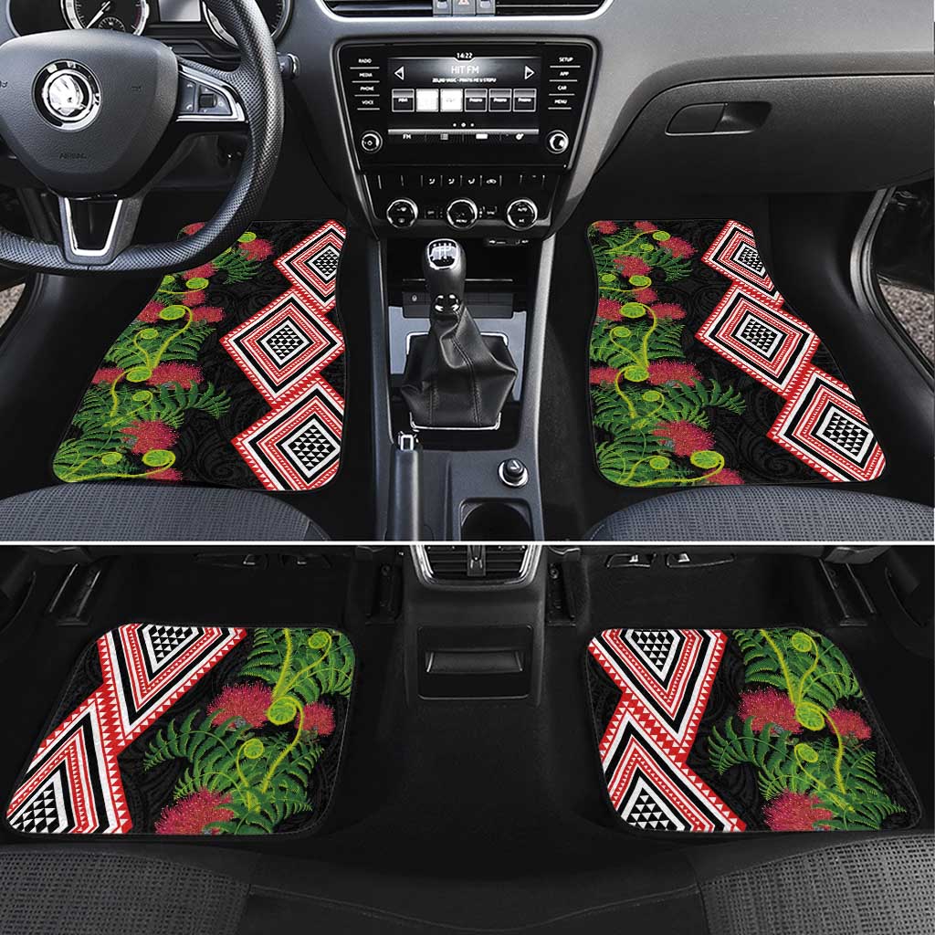 Aotearoa Tukutuku Motif Car Mats Pohutukawa and Fern Leaves LT03 Set 4pcs Black - Polynesian Pride