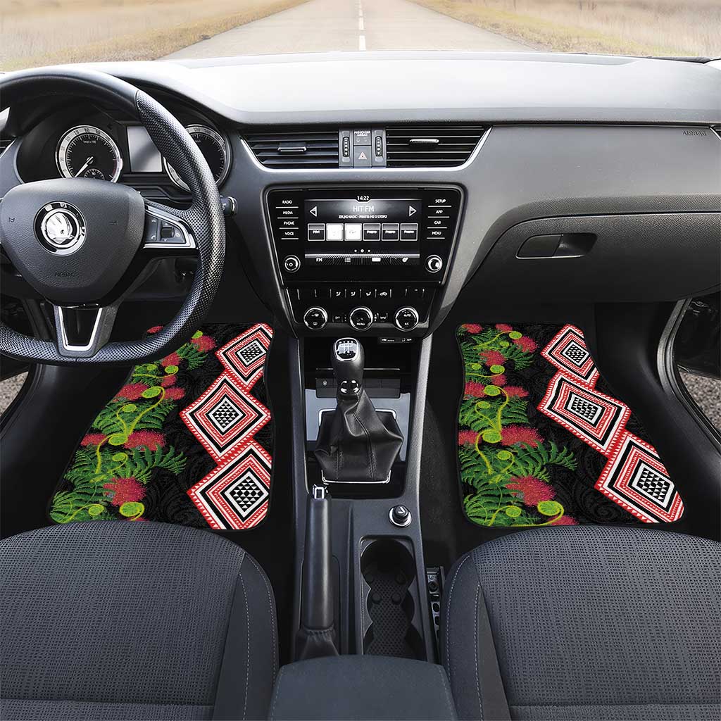 Aotearoa Tukutuku Motif Car Mats Pohutukawa and Fern Leaves LT03 Set 2pcs - Front Black - Polynesian Pride
