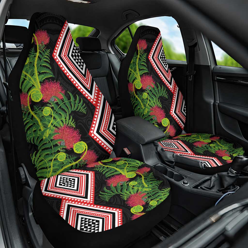 Aotearoa Tukutuku Motif Car Seat Cover Pohutukawa and Fern Leaves LT03 One Size Black - Polynesian Pride