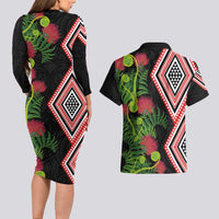 Aotearoa Tukutuku Motif Couples Matching Long Sleeve Bodycon Dress and Hawaiian Shirt Pohutukawa and Fern Leaves LT03 - Polynesian Pride