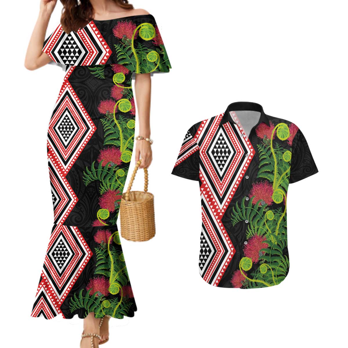 Aotearoa Tukutuku Motif Couples Matching Mermaid Dress and Hawaiian Shirt Pohutukawa and Fern Leaves LT03 Black - Polynesian Pride