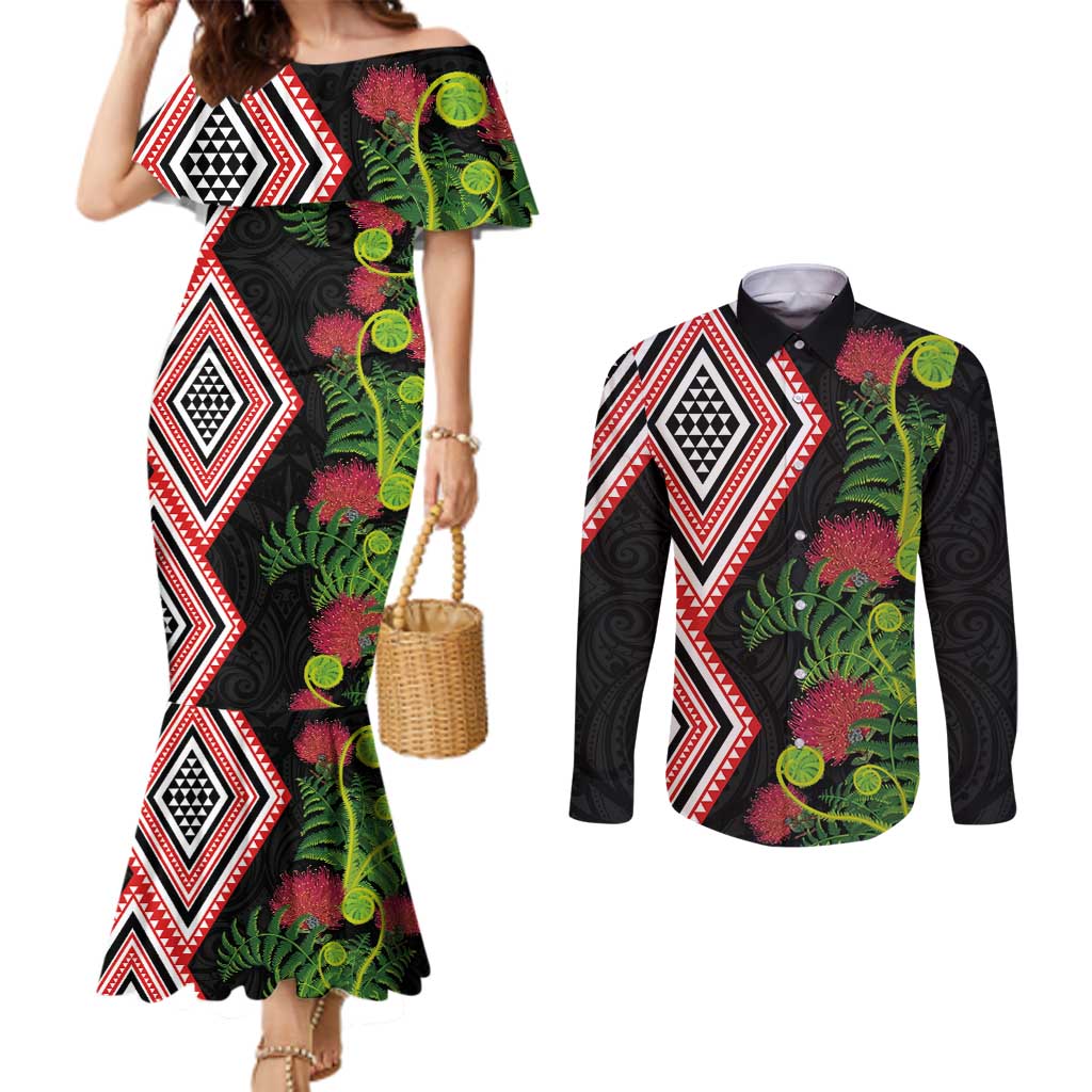 Aotearoa Tukutuku Motif Couples Matching Mermaid Dress and Long Sleeve Button Shirt Pohutukawa and Fern Leaves LT03 Black - Polynesian Pride