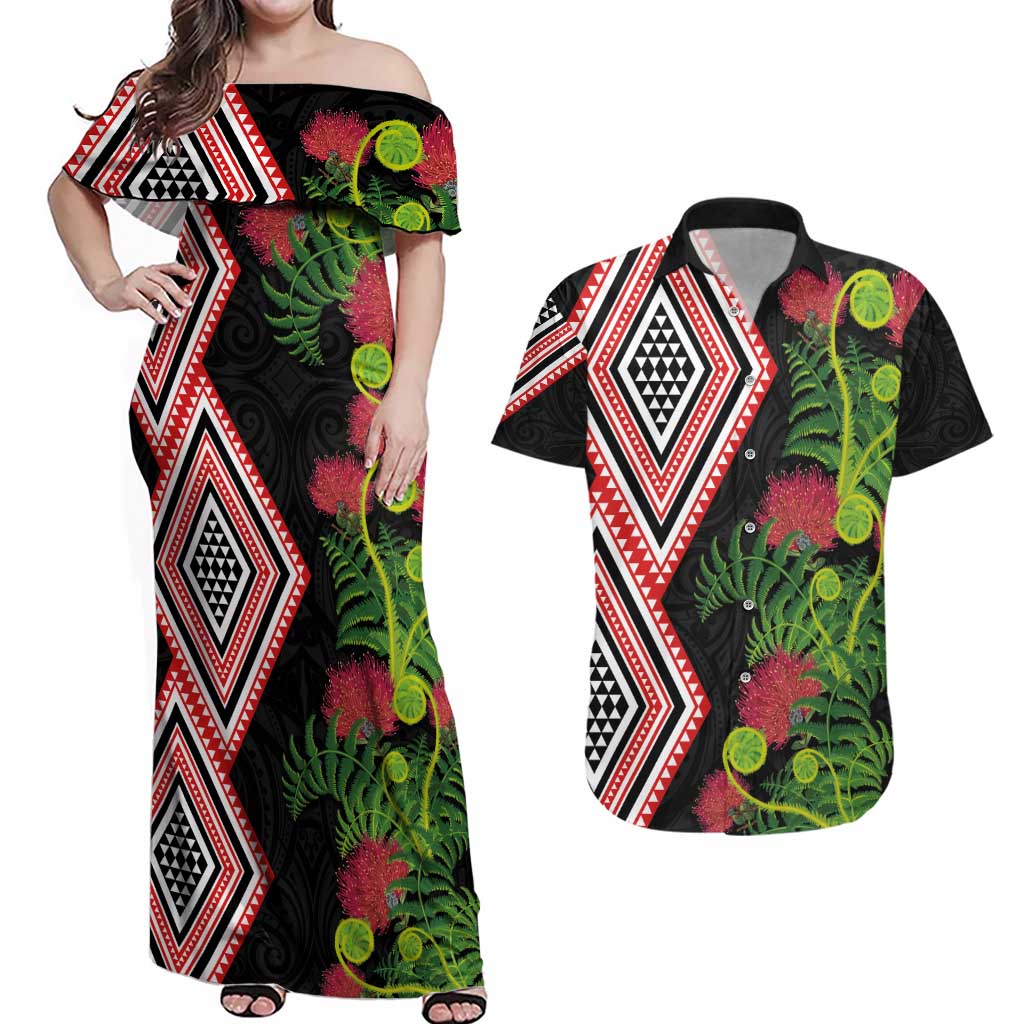 Aotearoa Tukutuku Motif Couples Matching Off Shoulder Maxi Dress and Hawaiian Shirt Pohutukawa and Fern Leaves LT03 Black - Polynesian Pride