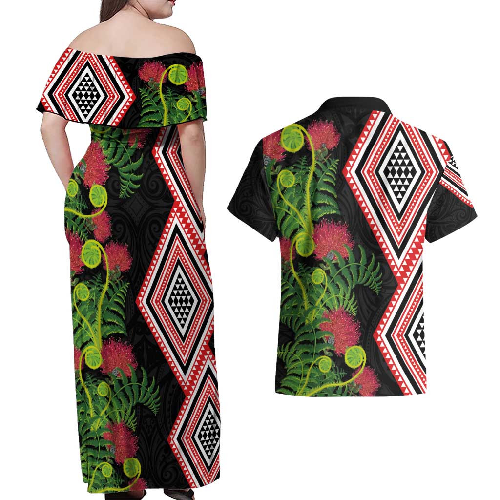 Aotearoa Tukutuku Motif Couples Matching Off Shoulder Maxi Dress and Hawaiian Shirt Pohutukawa and Fern Leaves LT03 - Polynesian Pride