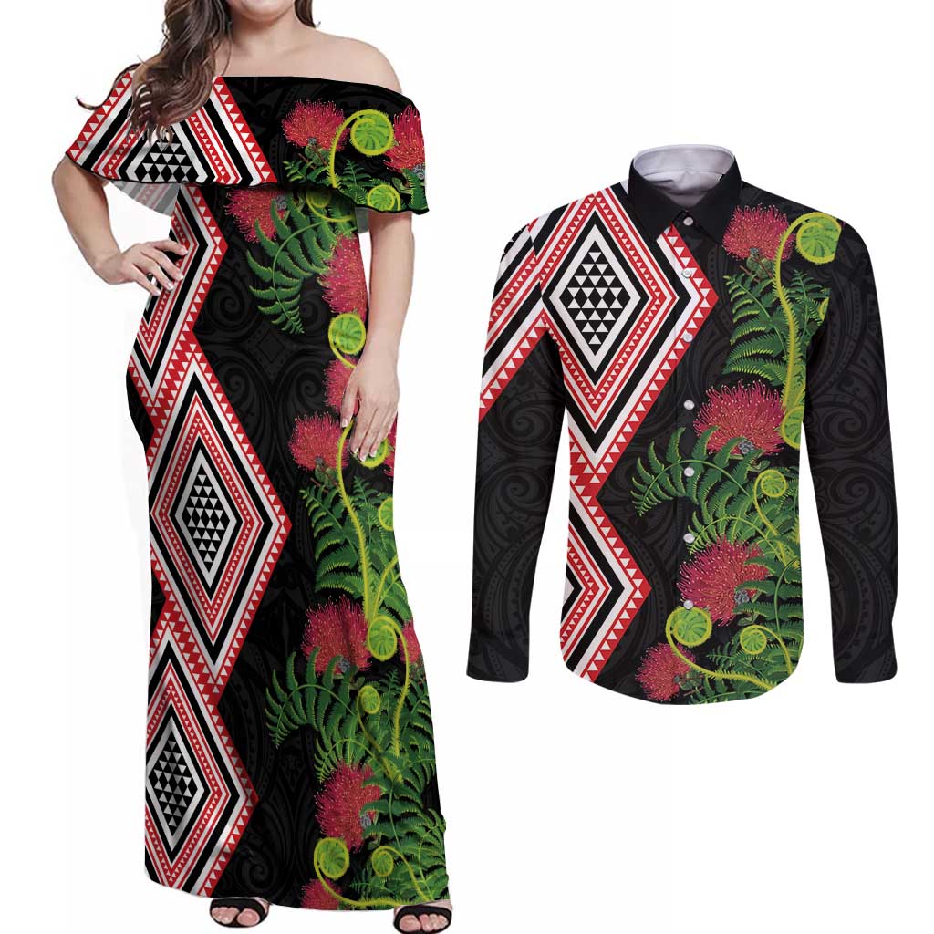 Aotearoa Tukutuku Motif Couples Matching Off Shoulder Maxi Dress and Long Sleeve Button Shirt Pohutukawa and Fern Leaves LT03 Black - Polynesian Pride