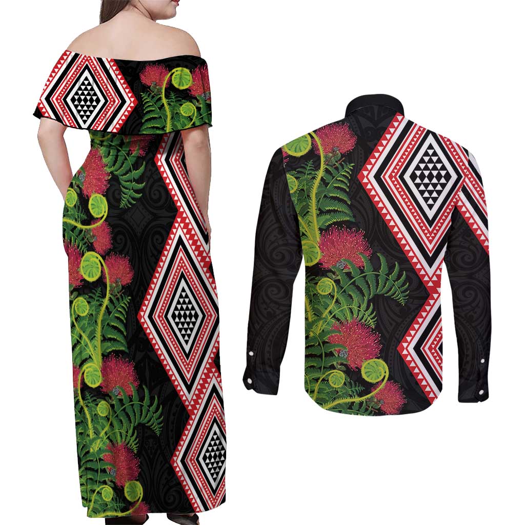 Aotearoa Tukutuku Motif Couples Matching Off Shoulder Maxi Dress and Long Sleeve Button Shirt Pohutukawa and Fern Leaves LT03 - Polynesian Pride