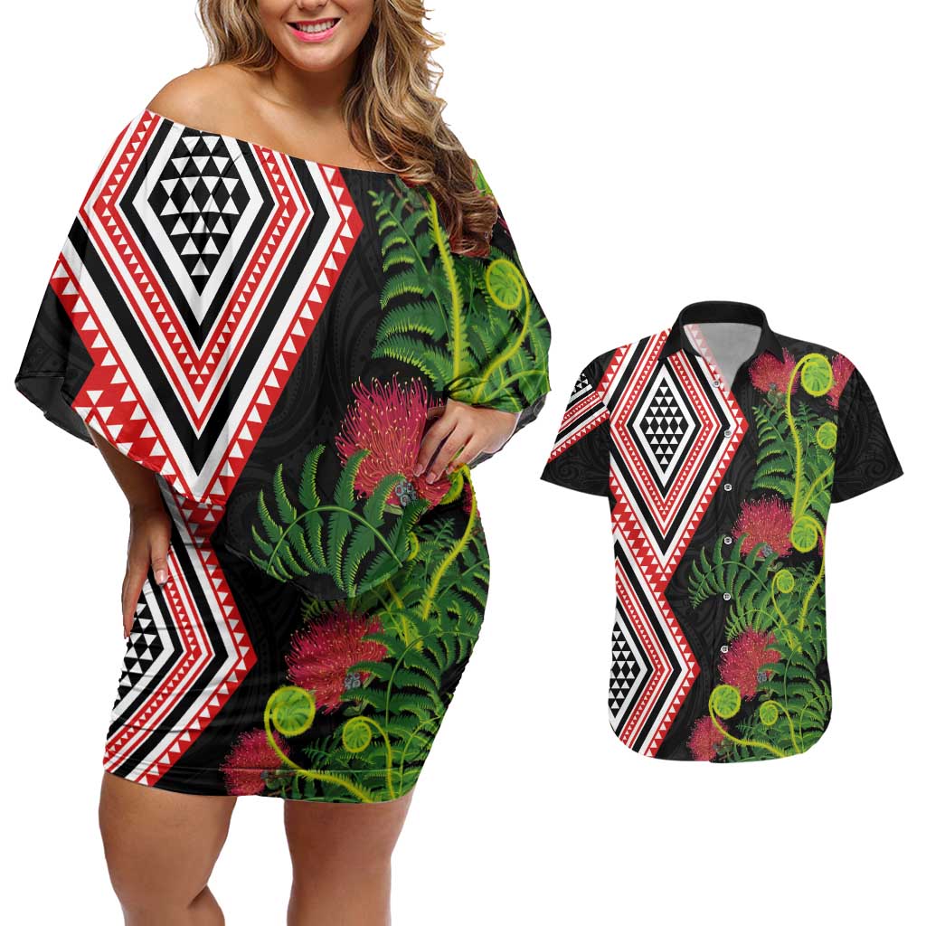 Aotearoa Tukutuku Motif Couples Matching Off Shoulder Short Dress and Hawaiian Shirt Pohutukawa and Fern Leaves LT03 Black - Polynesian Pride
