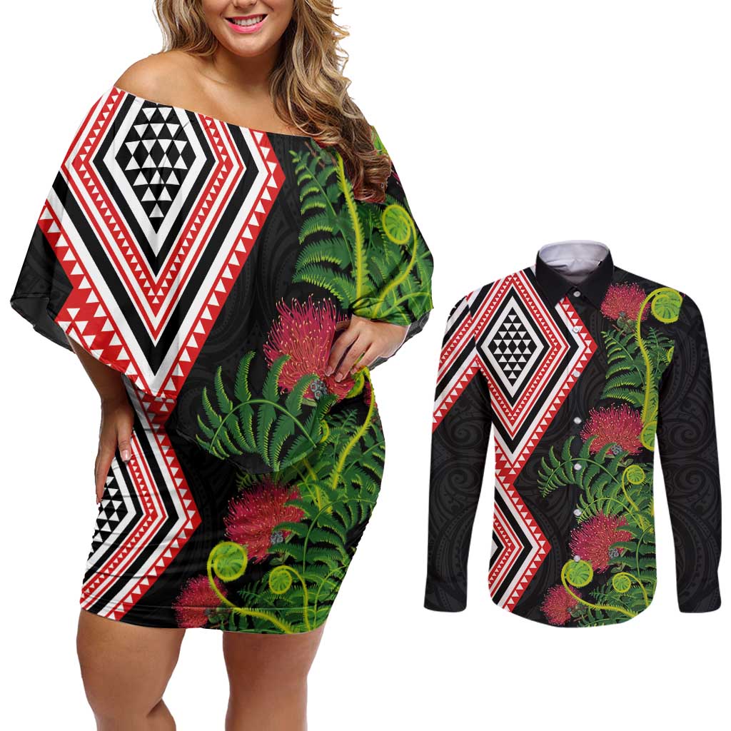 Aotearoa Tukutuku Motif Couples Matching Off Shoulder Short Dress and Long Sleeve Button Shirt Pohutukawa and Fern Leaves LT03 Black - Polynesian Pride