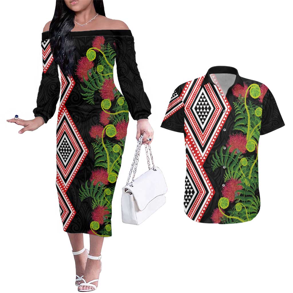 Aotearoa Tukutuku Motif Couples Matching Off The Shoulder Long Sleeve Dress and Hawaiian Shirt Pohutukawa and Fern Leaves LT03 Black - Polynesian Pride