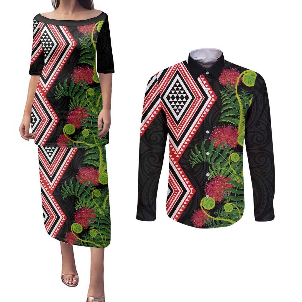 Aotearoa Tukutuku Motif Couples Matching Puletasi and Long Sleeve Button Shirt Pohutukawa and Fern Leaves LT03 Black - Polynesian Pride