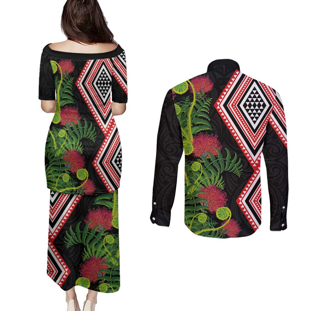 Aotearoa Tukutuku Motif Couples Matching Puletasi and Long Sleeve Button Shirt Pohutukawa and Fern Leaves LT03 - Polynesian Pride