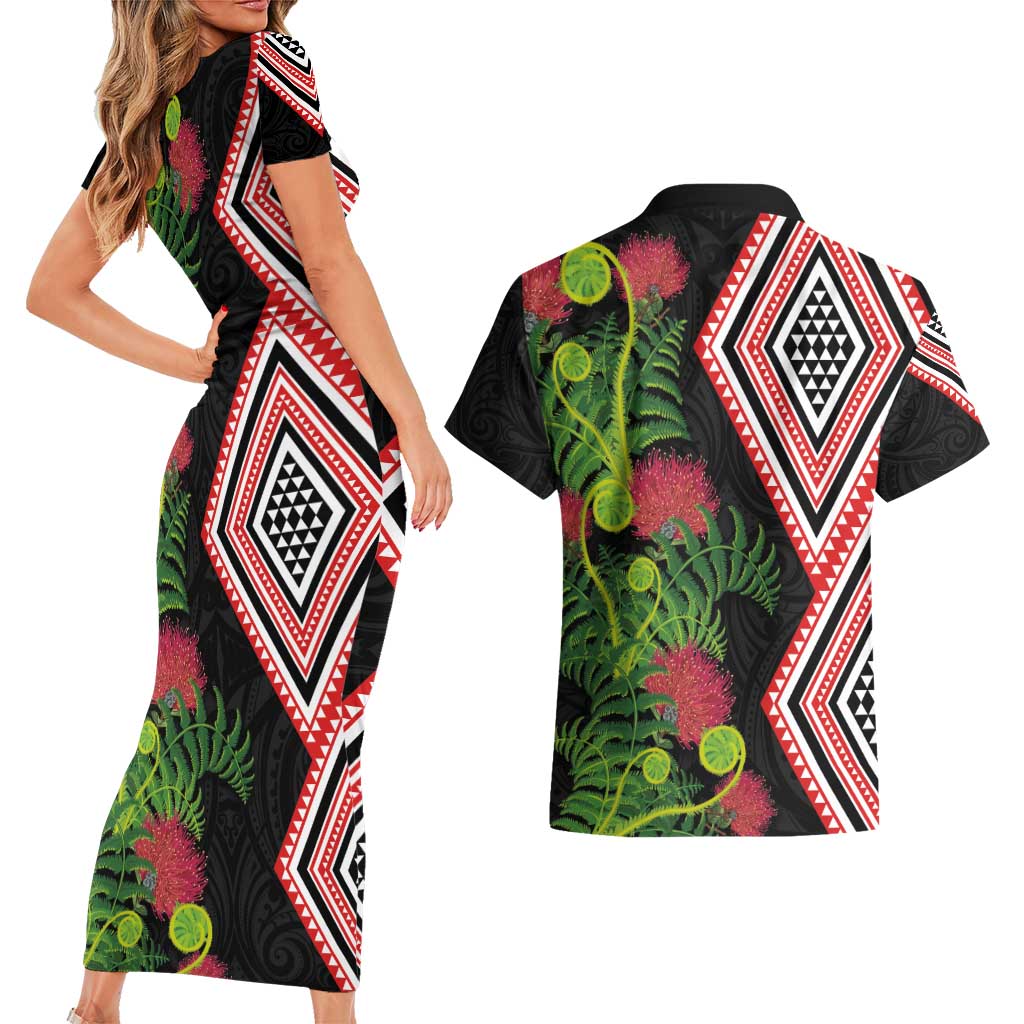 Aotearoa Tukutuku Motif Couples Matching Short Sleeve Bodycon Dress and Hawaiian Shirt Pohutukawa and Fern Leaves LT03 - Polynesian Pride