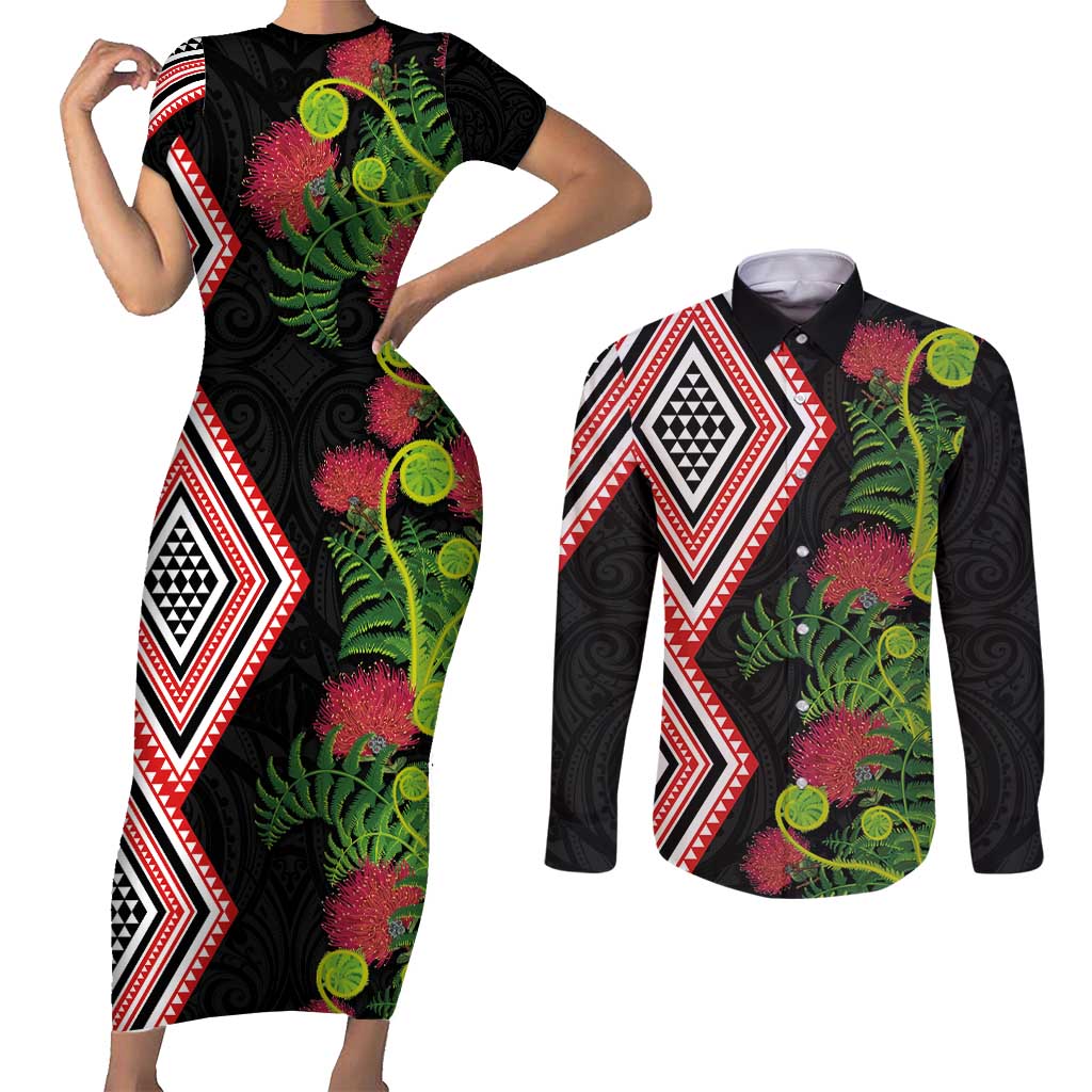 Aotearoa Tukutuku Motif Couples Matching Short Sleeve Bodycon Dress and Long Sleeve Button Shirt Pohutukawa and Fern Leaves LT03 Black - Polynesian Pride