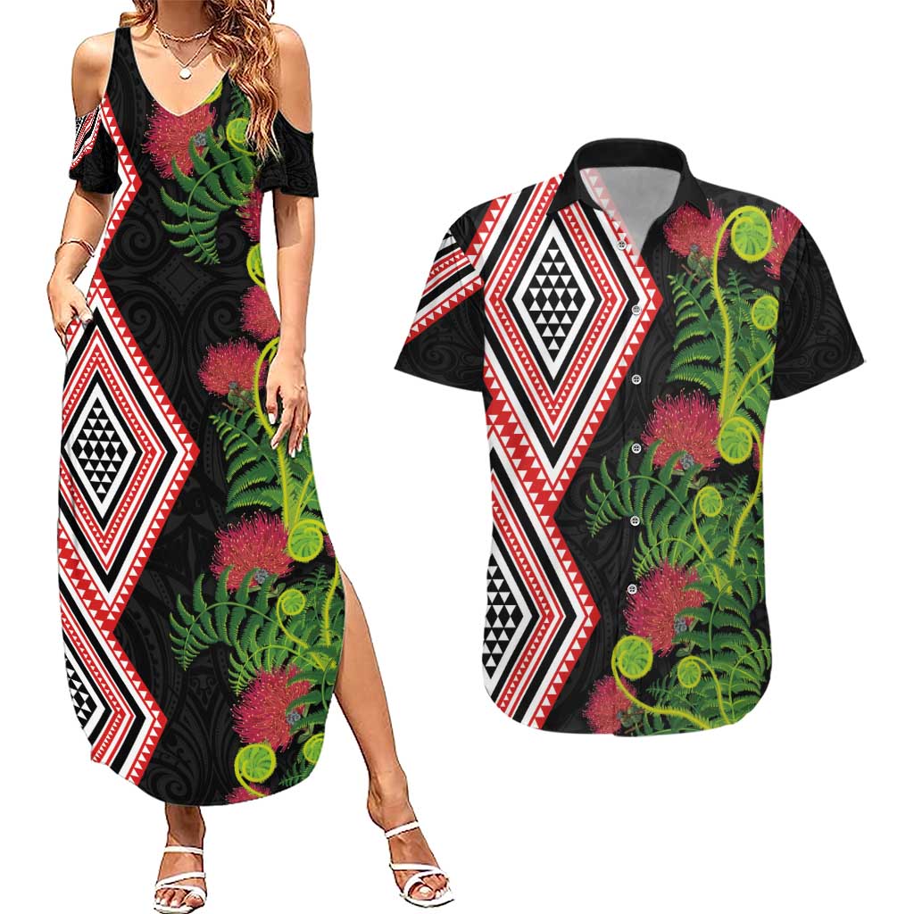 Aotearoa Tukutuku Motif Couples Matching Summer Maxi Dress and Hawaiian Shirt Pohutukawa and Fern Leaves LT03 Black - Polynesian Pride