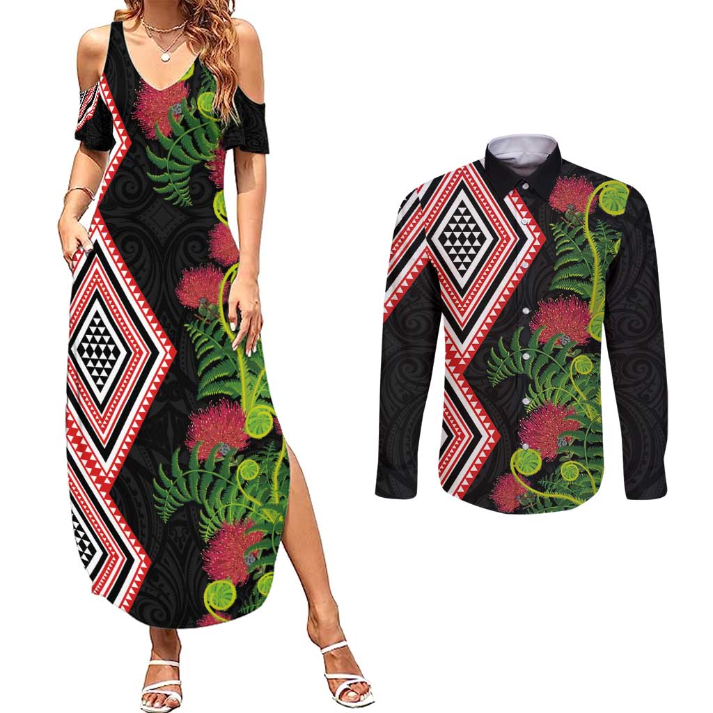 Aotearoa Tukutuku Motif Couples Matching Summer Maxi Dress and Long Sleeve Button Shirt Pohutukawa and Fern Leaves LT03 Black - Polynesian Pride