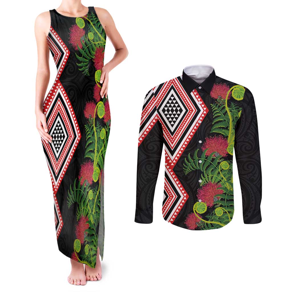 Aotearoa Tukutuku Motif Couples Matching Tank Maxi Dress and Long Sleeve Button Shirt Pohutukawa and Fern Leaves LT03 Black - Polynesian Pride