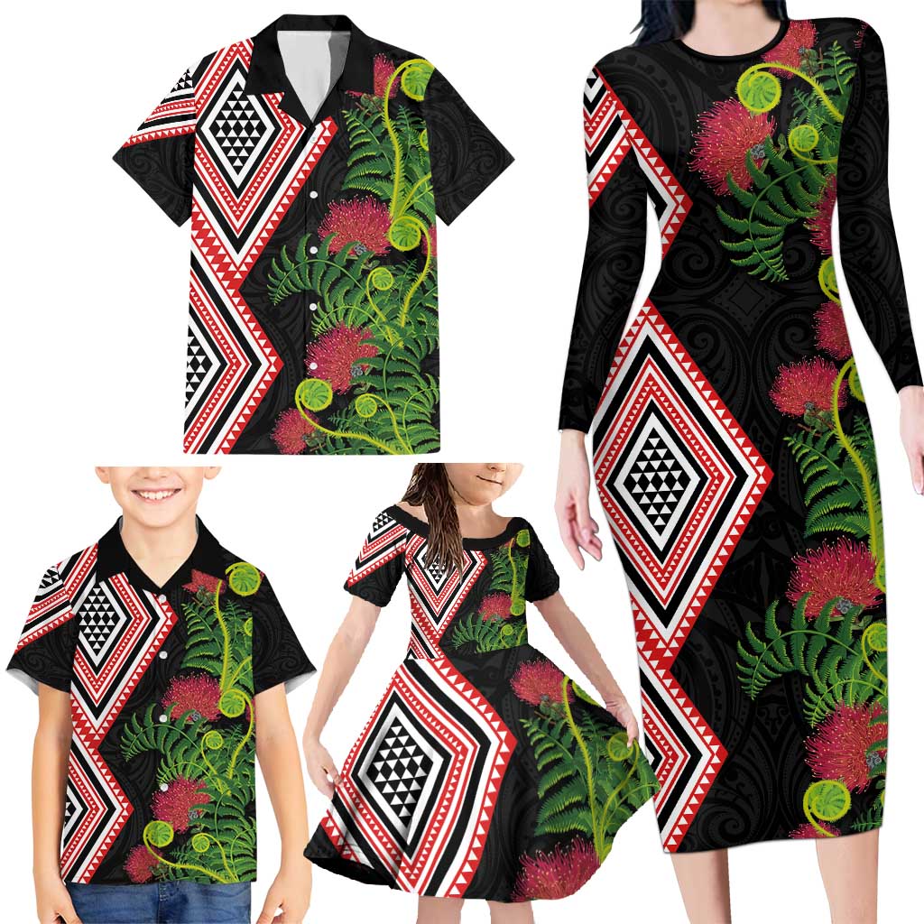 Aotearoa Tukutuku Motif Family Matching Long Sleeve Bodycon Dress and Hawaiian Shirt Pohutukawa and Fern Leaves LT03 - Polynesian Pride