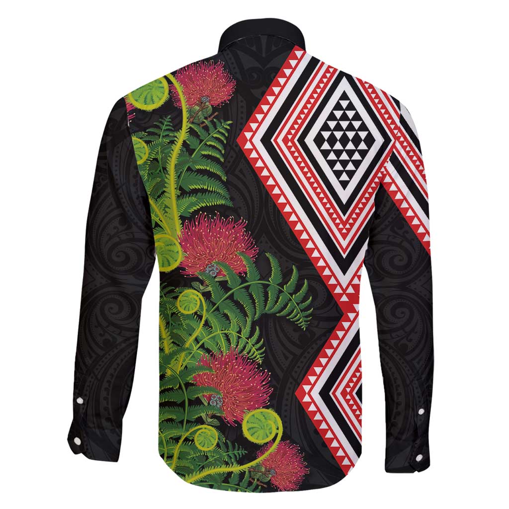 Aotearoa Tukutuku Motif Family Matching Long Sleeve Bodycon Dress and Hawaiian Shirt Pohutukawa and Fern Leaves LT03 - Polynesian Pride