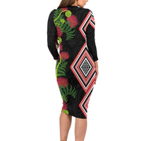 Aotearoa Tukutuku Motif Family Matching Long Sleeve Bodycon Dress and Hawaiian Shirt Pohutukawa and Fern Leaves LT03 - Polynesian Pride
