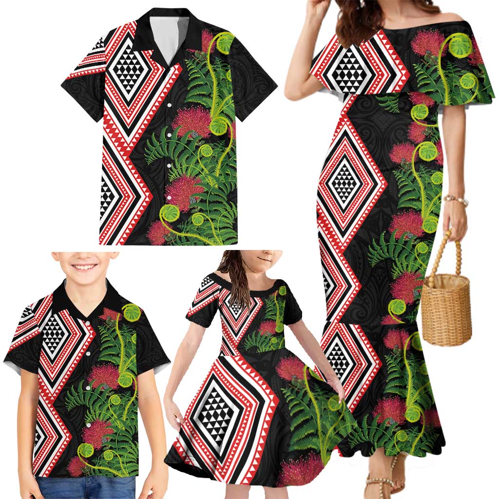 Aotearoa Tukutuku Motif Family Matching Mermaid Dress and Hawaiian Shirt Pohutukawa and Fern Leaves LT03 - Polynesian Pride