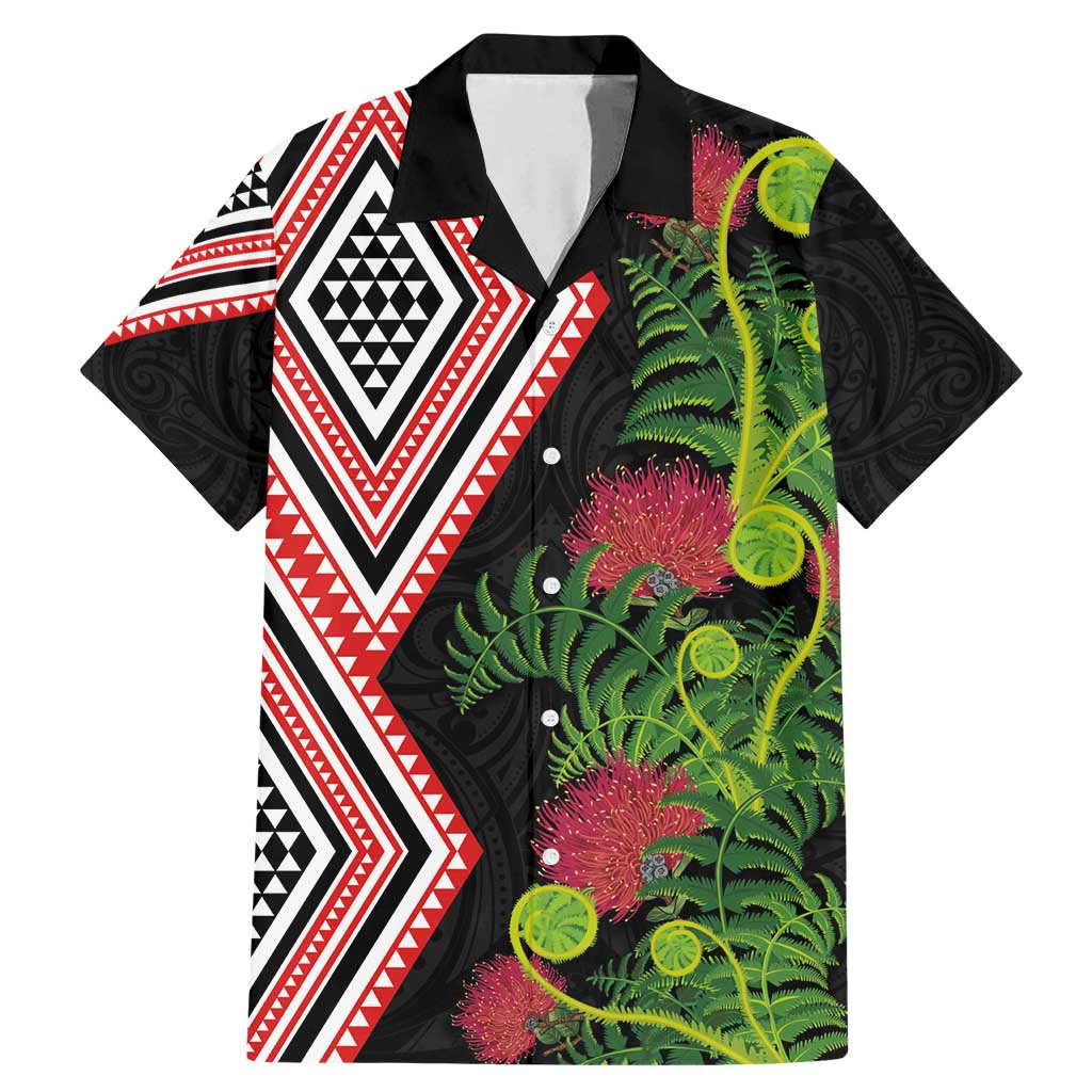 Aotearoa Tukutuku Motif Family Matching Mermaid Dress and Hawaiian Shirt Pohutukawa and Fern Leaves LT03 Dad's Shirt - Short Sleeve Black - Polynesian Pride
