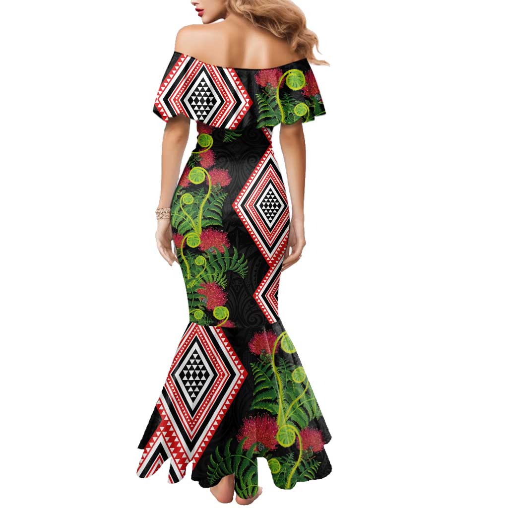 Aotearoa Tukutuku Motif Family Matching Mermaid Dress and Hawaiian Shirt Pohutukawa and Fern Leaves LT03 - Polynesian Pride