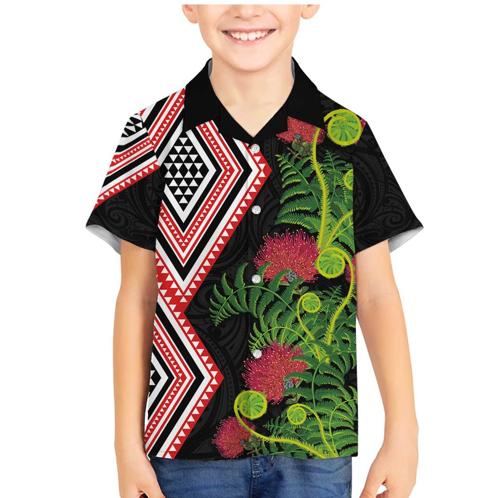 Aotearoa Tukutuku Motif Family Matching Mermaid Dress and Hawaiian Shirt Pohutukawa and Fern Leaves LT03 Son's Shirt Black - Polynesian Pride