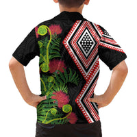 Aotearoa Tukutuku Motif Family Matching Off The Shoulder Long Sleeve Dress and Hawaiian Shirt Pohutukawa and Fern Leaves LT03 - Polynesian Pride
