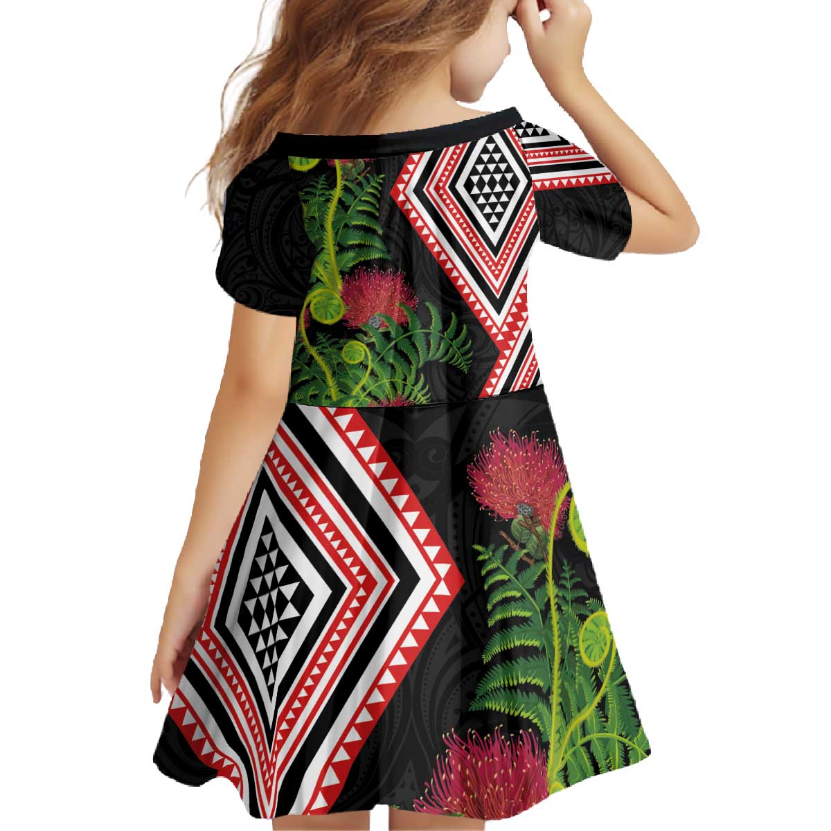Aotearoa Tukutuku Motif Family Matching Off The Shoulder Long Sleeve Dress and Hawaiian Shirt Pohutukawa and Fern Leaves LT03 - Polynesian Pride