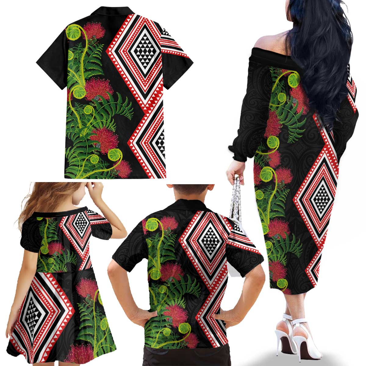 Aotearoa Tukutuku Motif Family Matching Off The Shoulder Long Sleeve Dress and Hawaiian Shirt Pohutukawa and Fern Leaves LT03 - Polynesian Pride