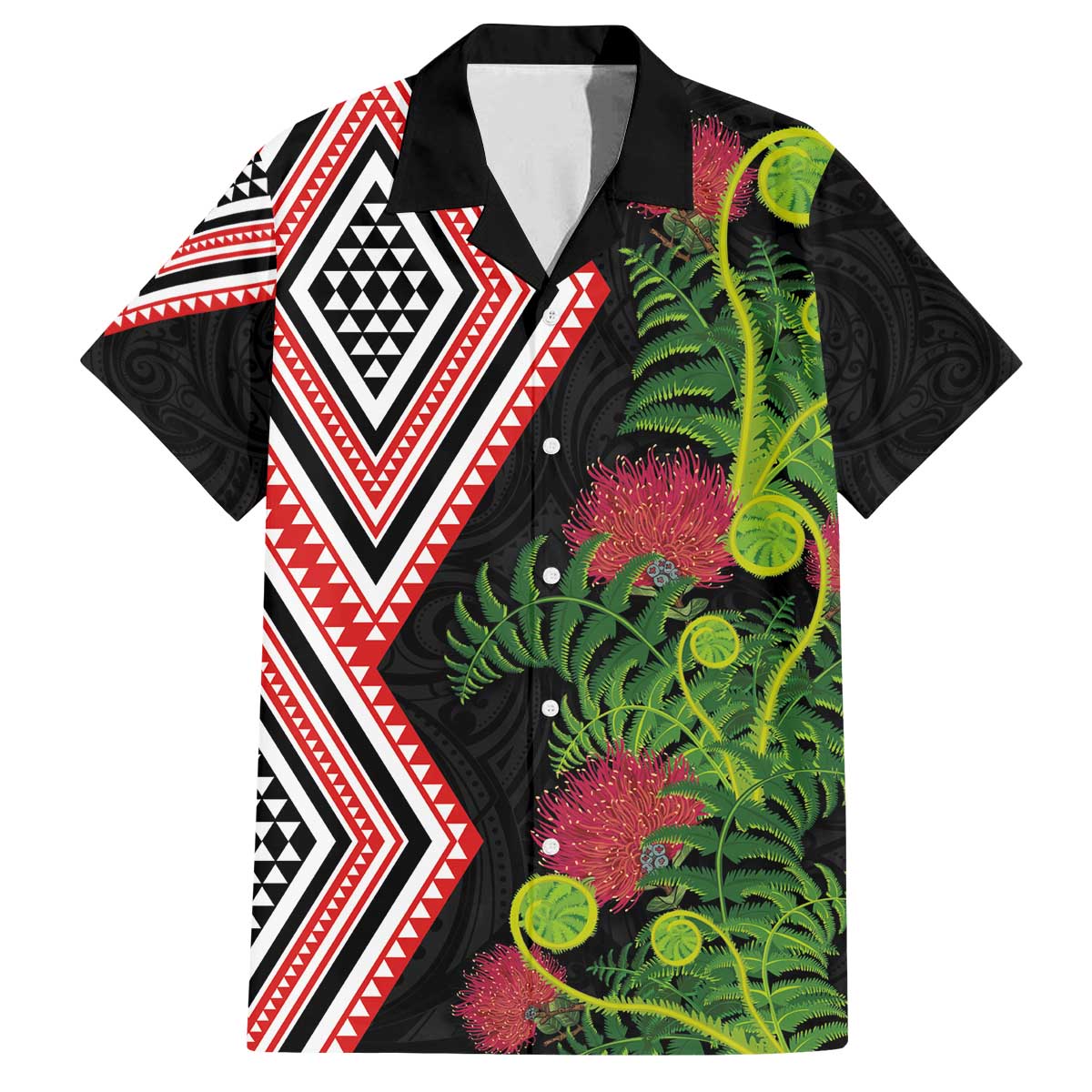 Aotearoa Tukutuku Motif Family Matching Off The Shoulder Long Sleeve Dress and Hawaiian Shirt Pohutukawa and Fern Leaves LT03 Dad's Shirt - Short Sleeve Black - Polynesian Pride