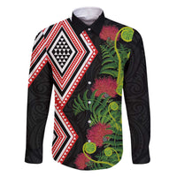 Aotearoa Tukutuku Motif Family Matching Off The Shoulder Long Sleeve Dress and Hawaiian Shirt Pohutukawa and Fern Leaves LT03 Dad's Shirt - Long Sleeve Black - Polynesian Pride