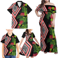 Aotearoa Tukutuku Motif Family Matching Off Shoulder Maxi Dress and Hawaiian Shirt Pohutukawa and Fern Leaves LT03 - Polynesian Pride
