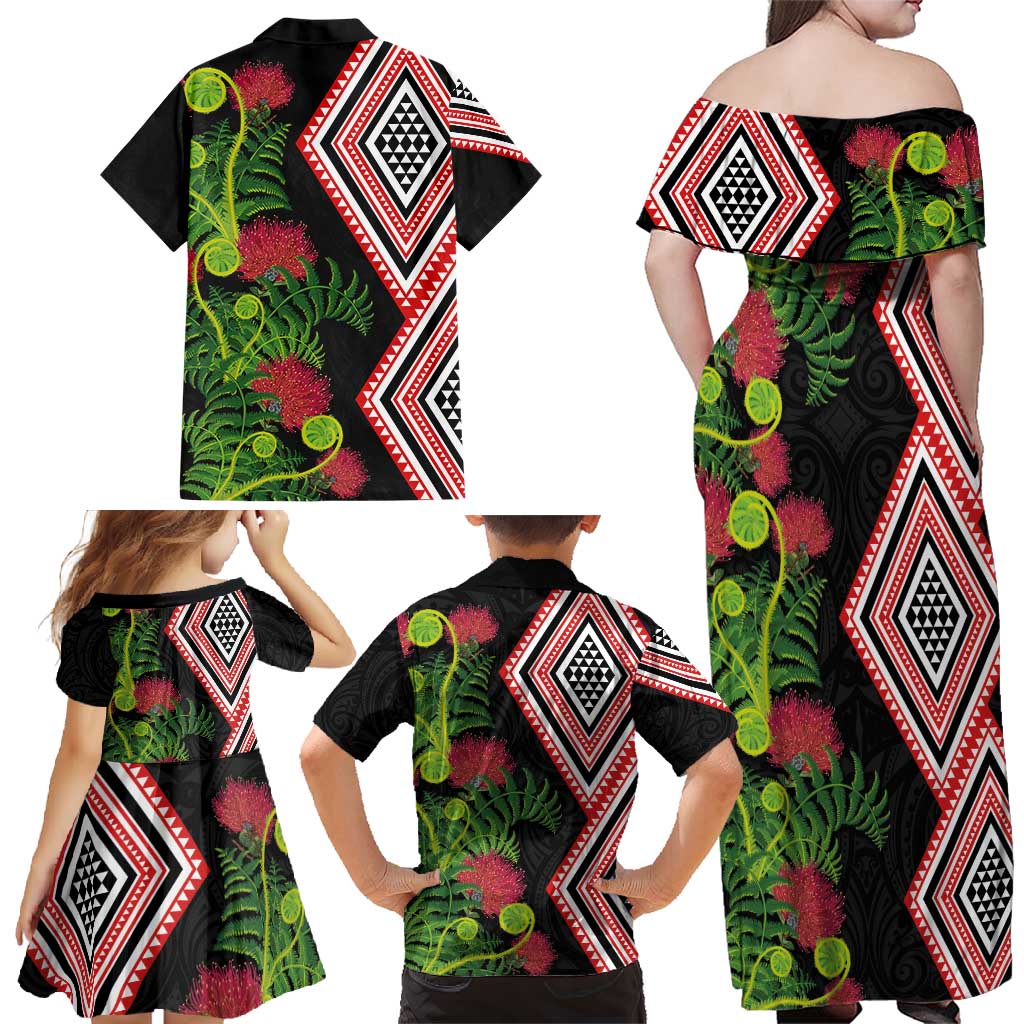 Aotearoa Tukutuku Motif Family Matching Off Shoulder Maxi Dress and Hawaiian Shirt Pohutukawa and Fern Leaves LT03 - Polynesian Pride