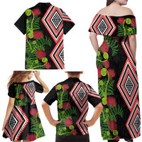 Aotearoa Tukutuku Motif Family Matching Off Shoulder Maxi Dress and Hawaiian Shirt Pohutukawa and Fern Leaves LT03 - Polynesian Pride