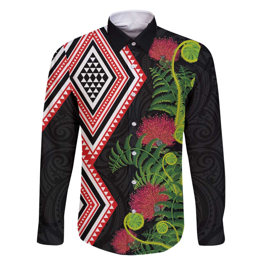 Aotearoa Tukutuku Motif Family Matching Off Shoulder Maxi Dress and Hawaiian Shirt Pohutukawa and Fern Leaves LT03 Dad's Shirt - Long Sleeve Black - Polynesian Pride