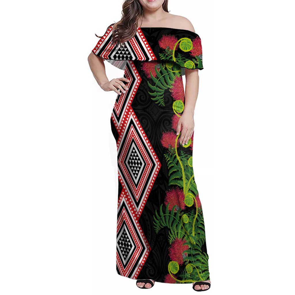 Aotearoa Tukutuku Motif Family Matching Off Shoulder Maxi Dress and Hawaiian Shirt Pohutukawa and Fern Leaves LT03 Mom's Dress Black - Polynesian Pride