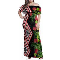 Aotearoa Tukutuku Motif Family Matching Off Shoulder Maxi Dress and Hawaiian Shirt Pohutukawa and Fern Leaves LT03 Mom's Dress Black - Polynesian Pride