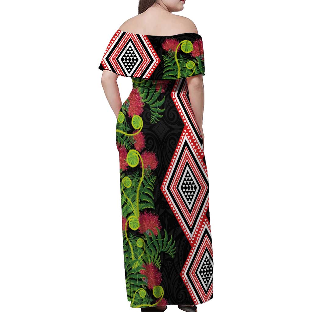 Aotearoa Tukutuku Motif Family Matching Off Shoulder Maxi Dress and Hawaiian Shirt Pohutukawa and Fern Leaves LT03 - Polynesian Pride