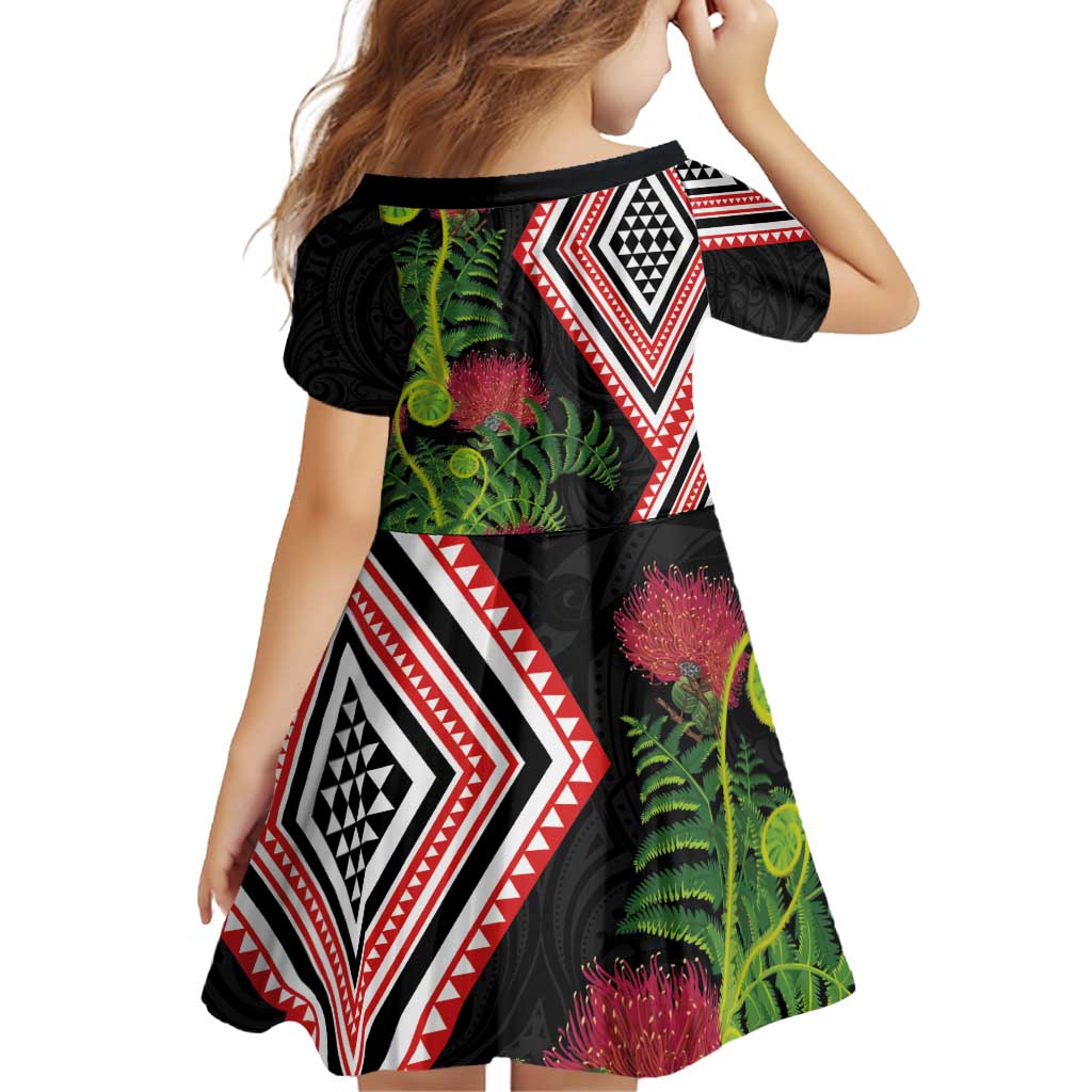 Aotearoa Tukutuku Motif Family Matching Off Shoulder Short Dress and Hawaiian Shirt Pohutukawa and Fern Leaves LT03 - Polynesian Pride