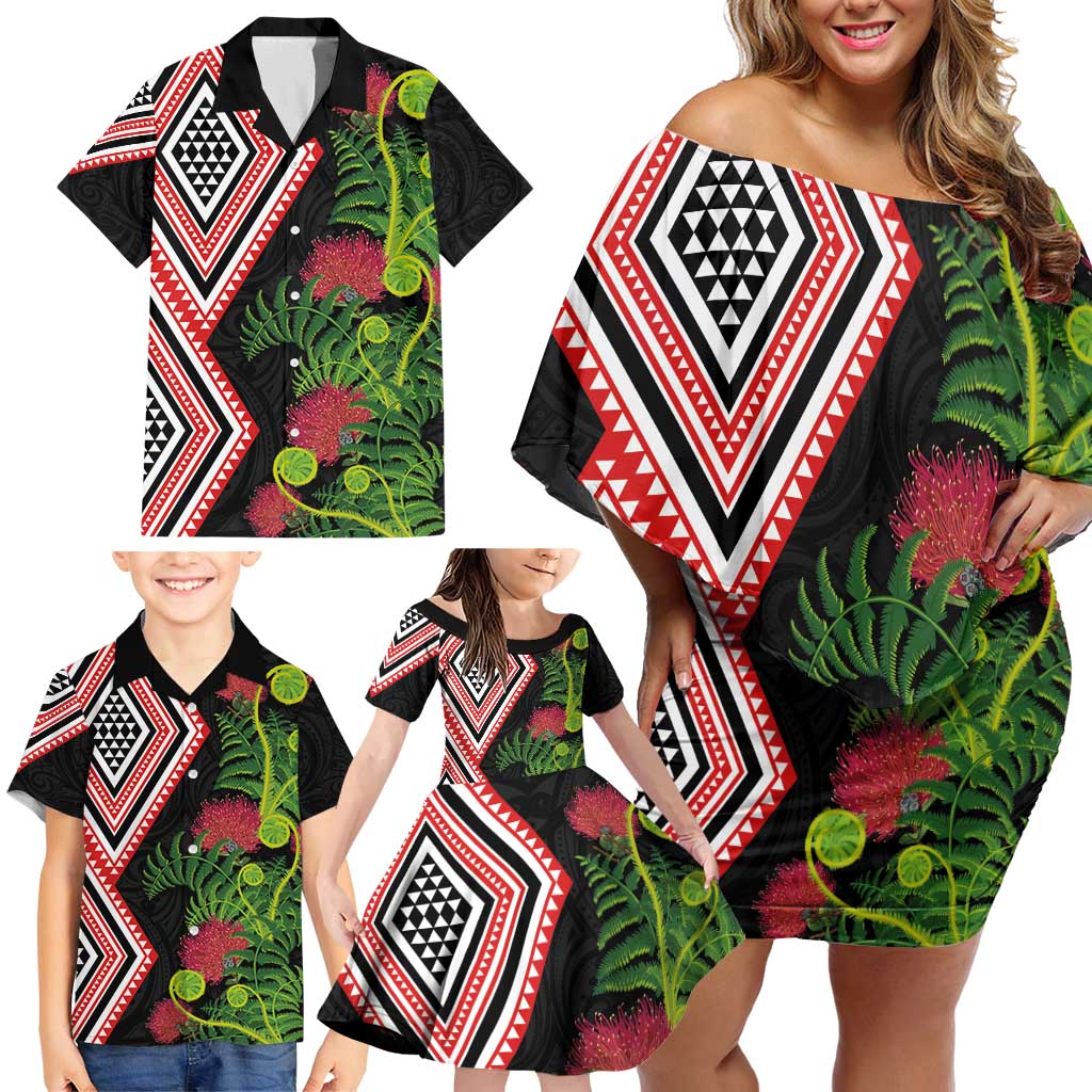 Aotearoa Tukutuku Motif Family Matching Off Shoulder Short Dress and Hawaiian Shirt Pohutukawa and Fern Leaves LT03 - Polynesian Pride