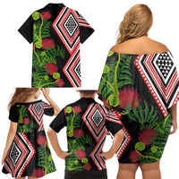 Aotearoa Tukutuku Motif Family Matching Off Shoulder Short Dress and Hawaiian Shirt Pohutukawa and Fern Leaves LT03 - Polynesian Pride