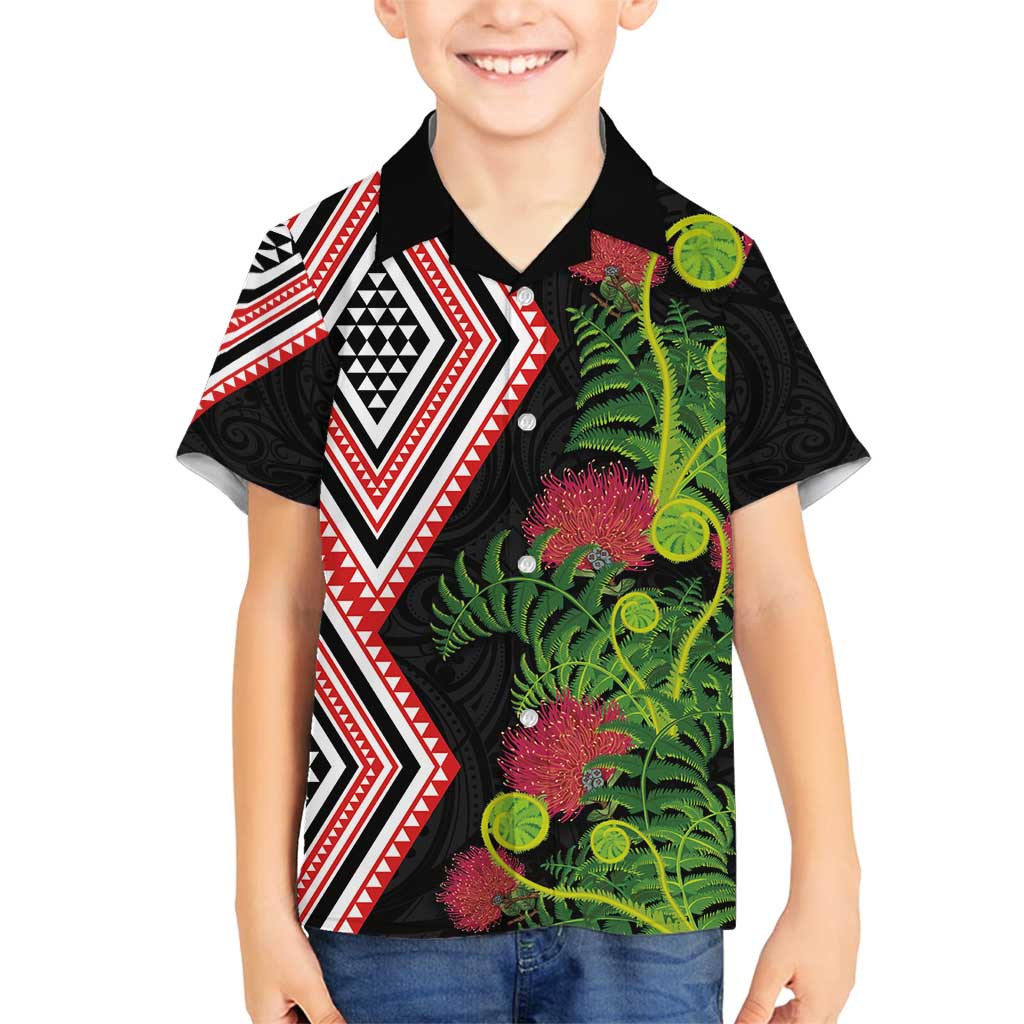 Aotearoa Tukutuku Motif Family Matching Off Shoulder Short Dress and Hawaiian Shirt Pohutukawa and Fern Leaves LT03 Son's Shirt Black - Polynesian Pride
