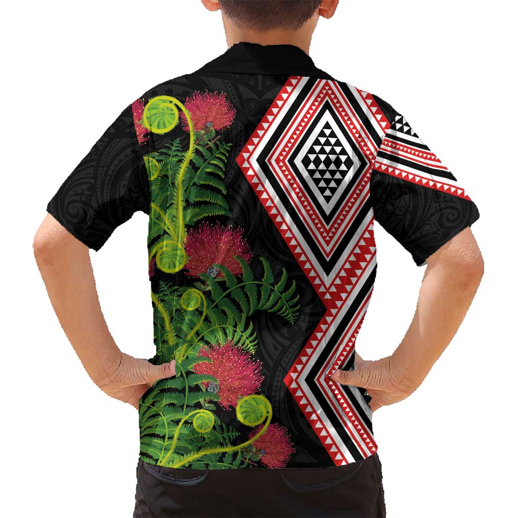 Aotearoa Tukutuku Motif Family Matching Puletasi and Hawaiian Shirt Pohutukawa and Fern Leaves LT03 - Polynesian Pride